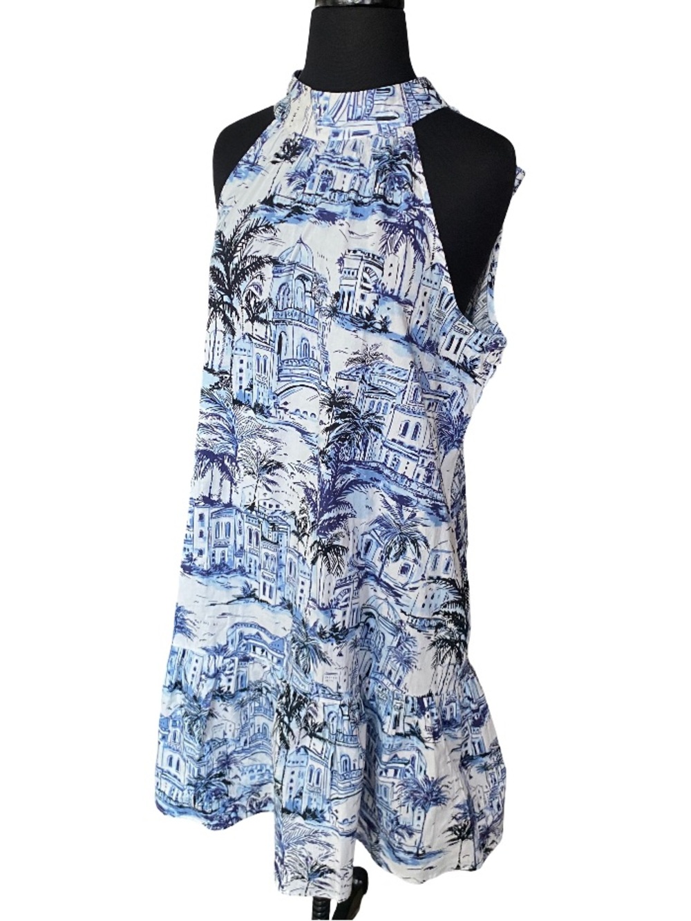 Calypso St. Barth blue toile tropical cotton blend halter dress size medium